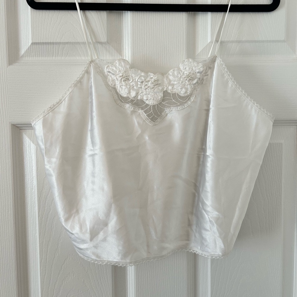Vintage White Satin Camisole with Floral Lace